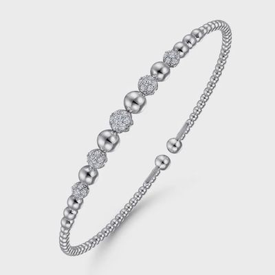 14K White Gold Bujukan Bead Cuff Bracelet with Pave Diamond Stations