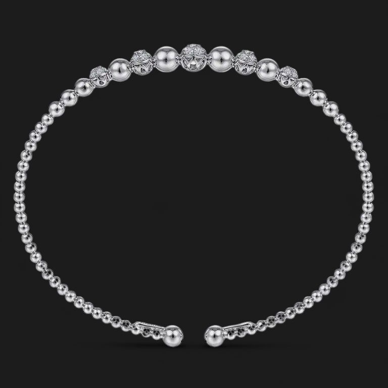 14K White Gold Bujukan Bead Cuff Bracelet with Pave Diamond Stations