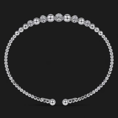 14K White Gold Bujukan Bead Cuff Bracelet with Pave Diamond Stations