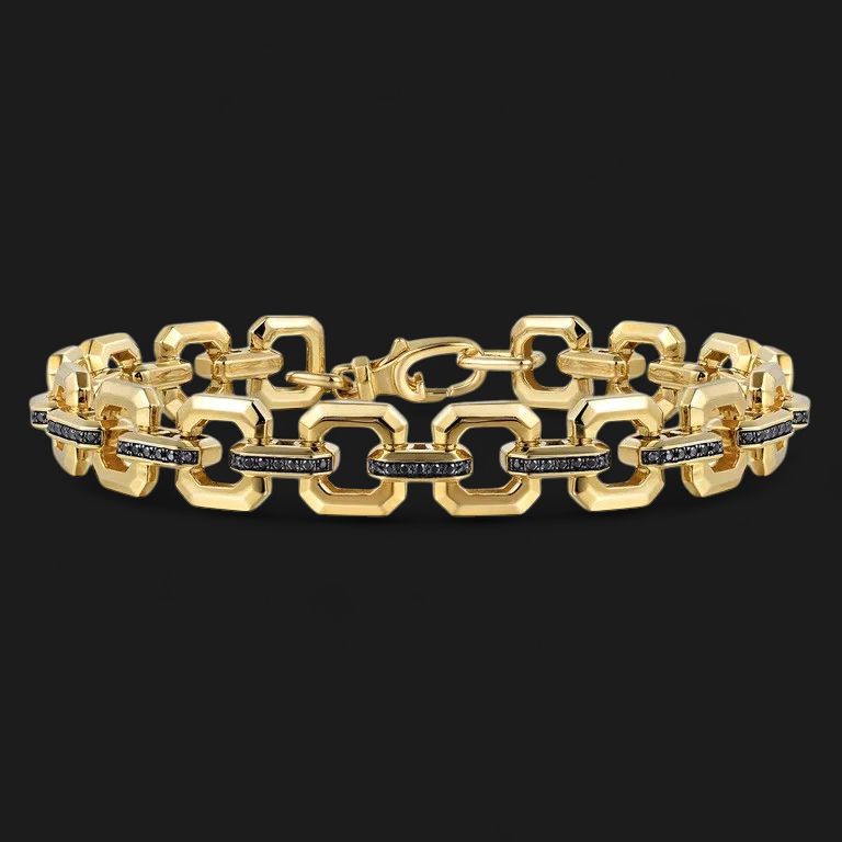 14K Yellow Gold Men's Chain Tennis Bracelet w/ Black Spinel Connectors