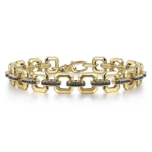 14K Yellow Gold Men's Chain Tennis Bracelet w/ Black Spinel Connectors