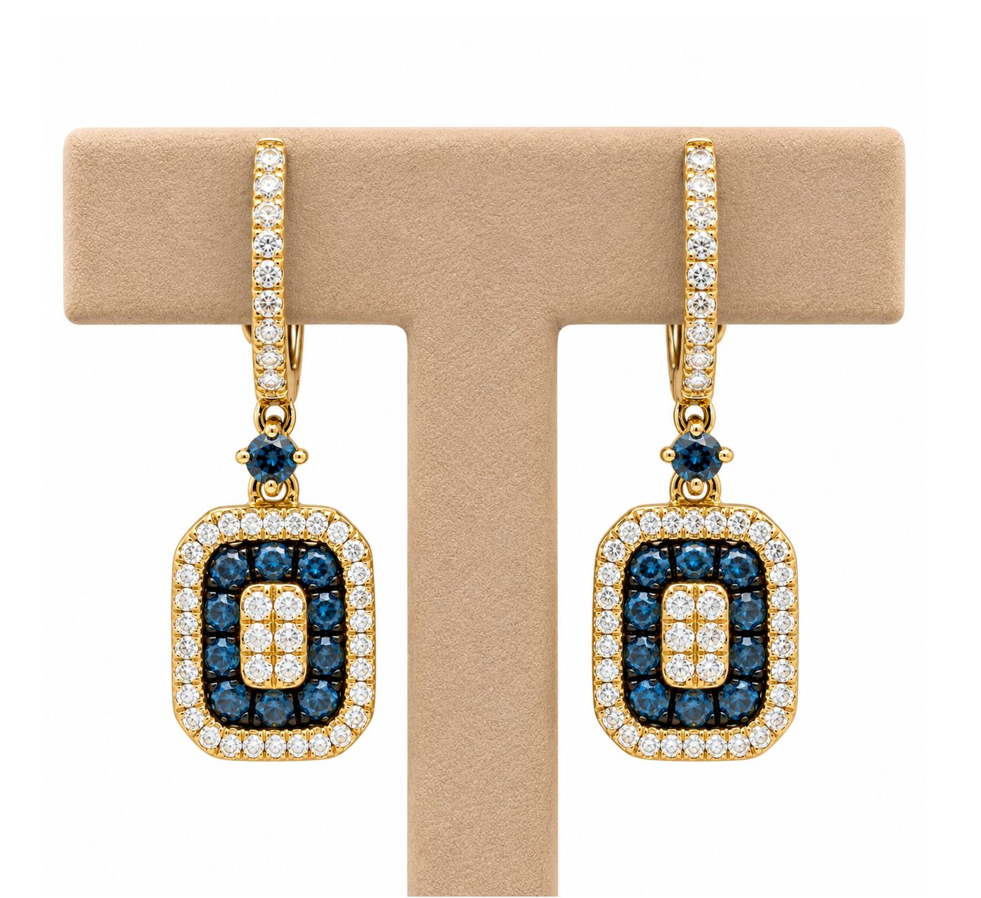 Square Blue and White Diamond Drop Earrings