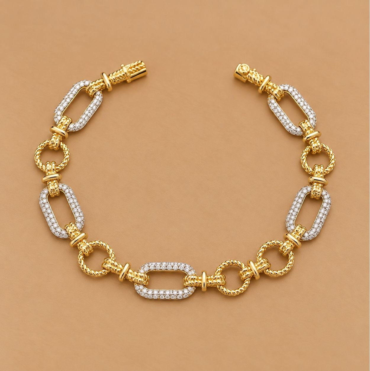 Yellow and White Gold Diamond Bracelet with Alternating Links