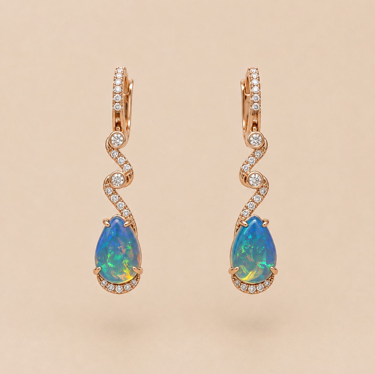 Rose Gold Opal Pear Diamond Dangle Earrings