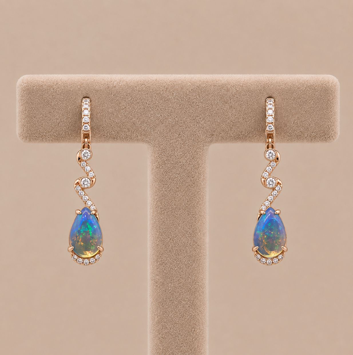 Rose Gold Opal Pear Diamond Dangle Earrings
