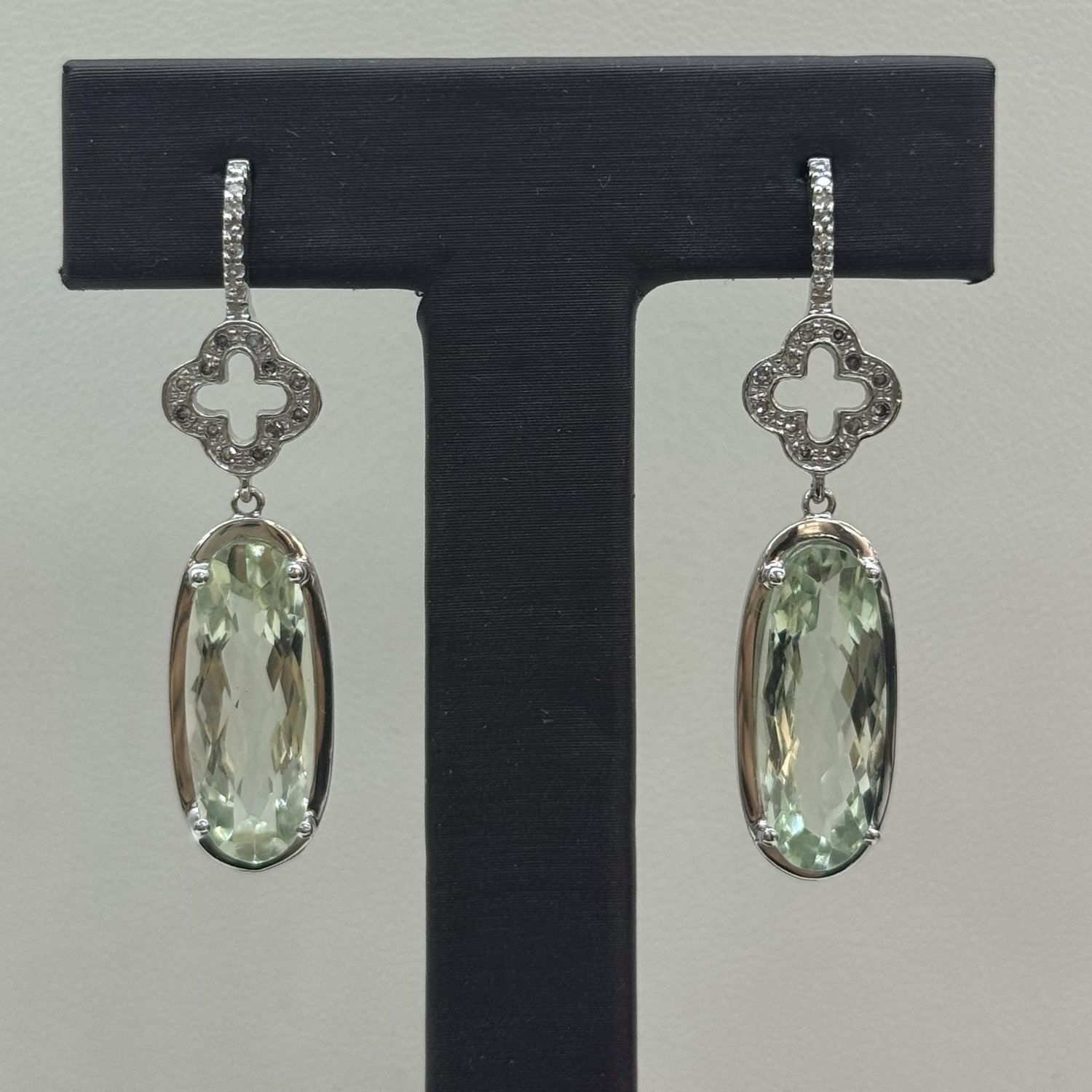 10KW Green Amethyst &amp; Diamond Cross Dangly Earrings