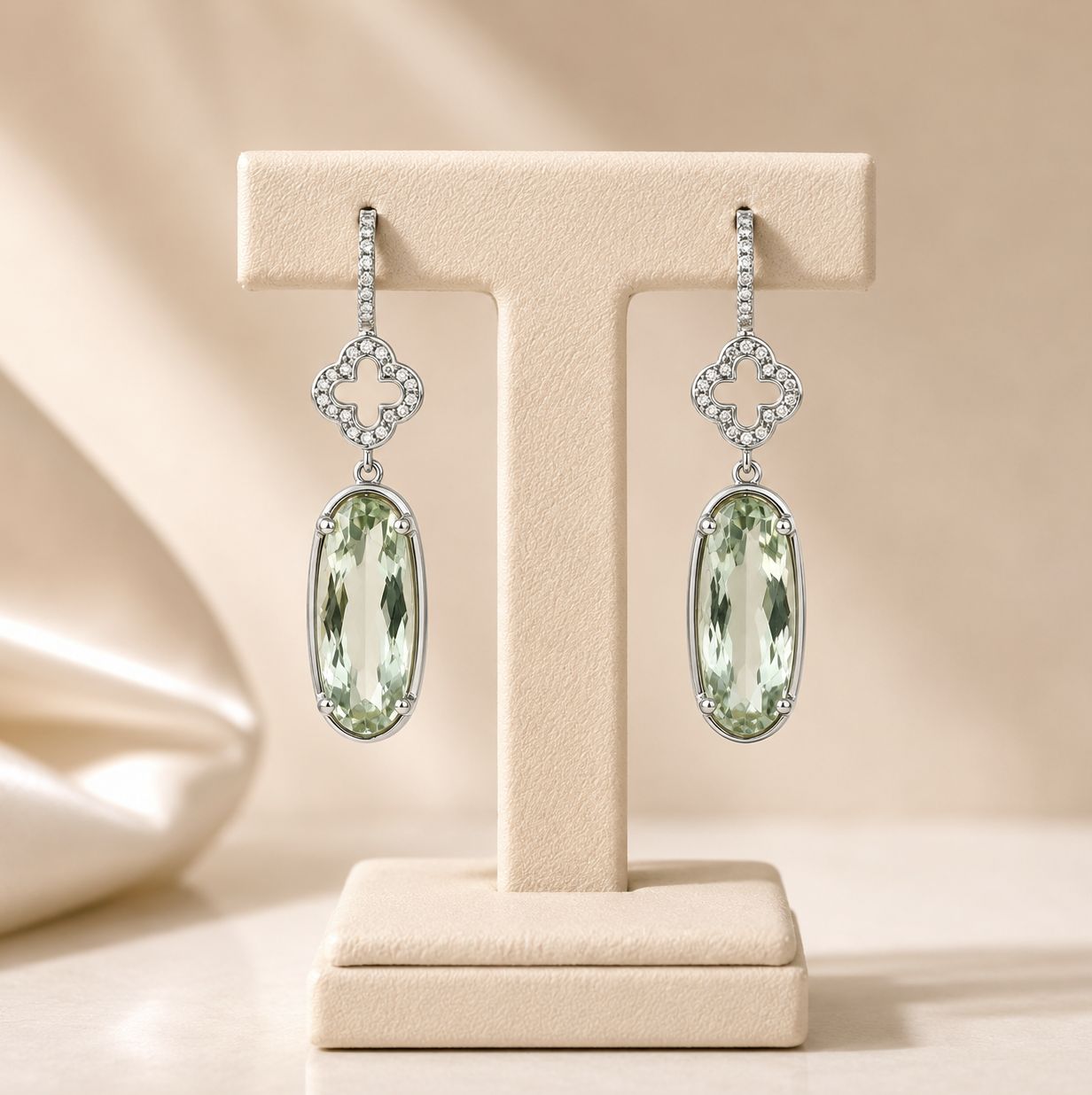 Green Amethyst &amp; Diamond Cross Dangly Earrings