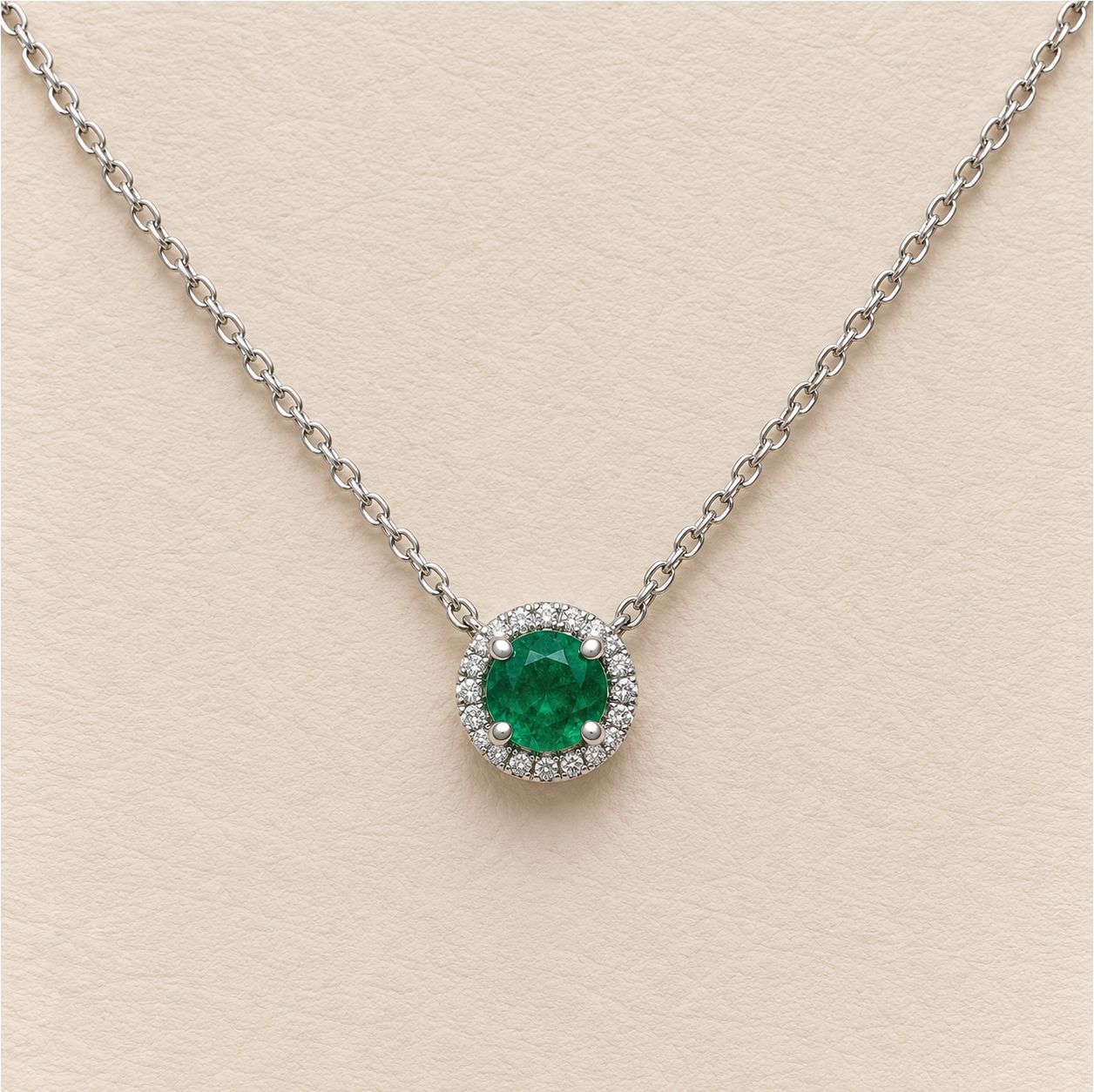 Emerald Diamond Halo Necklace (May)