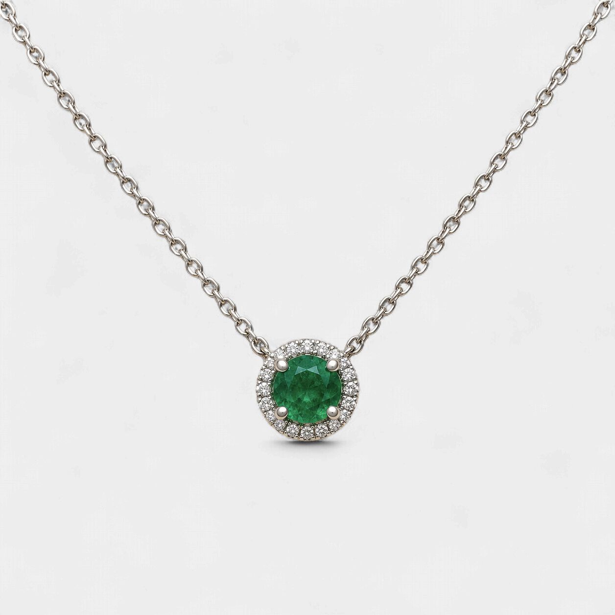 Emerald Diamond Halo Necklace (May)