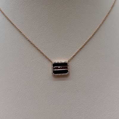 14K RG Ruby/Onyx &amp; Diamond Square Necklace