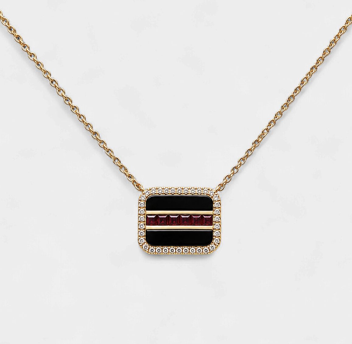 Ruby Onyx Diamond Halo Square Necklace