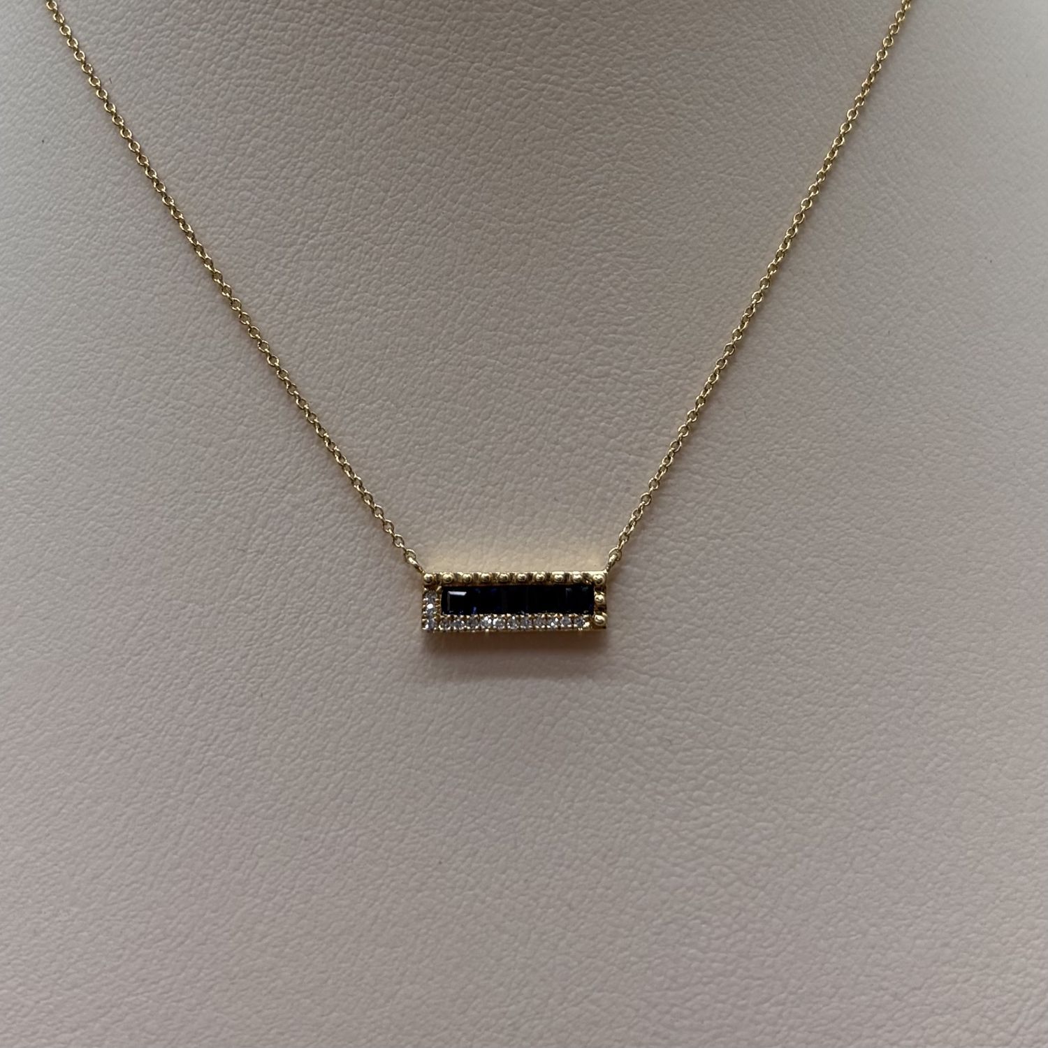 14KY Sapphire &amp; Diamond Square Bar Necklace