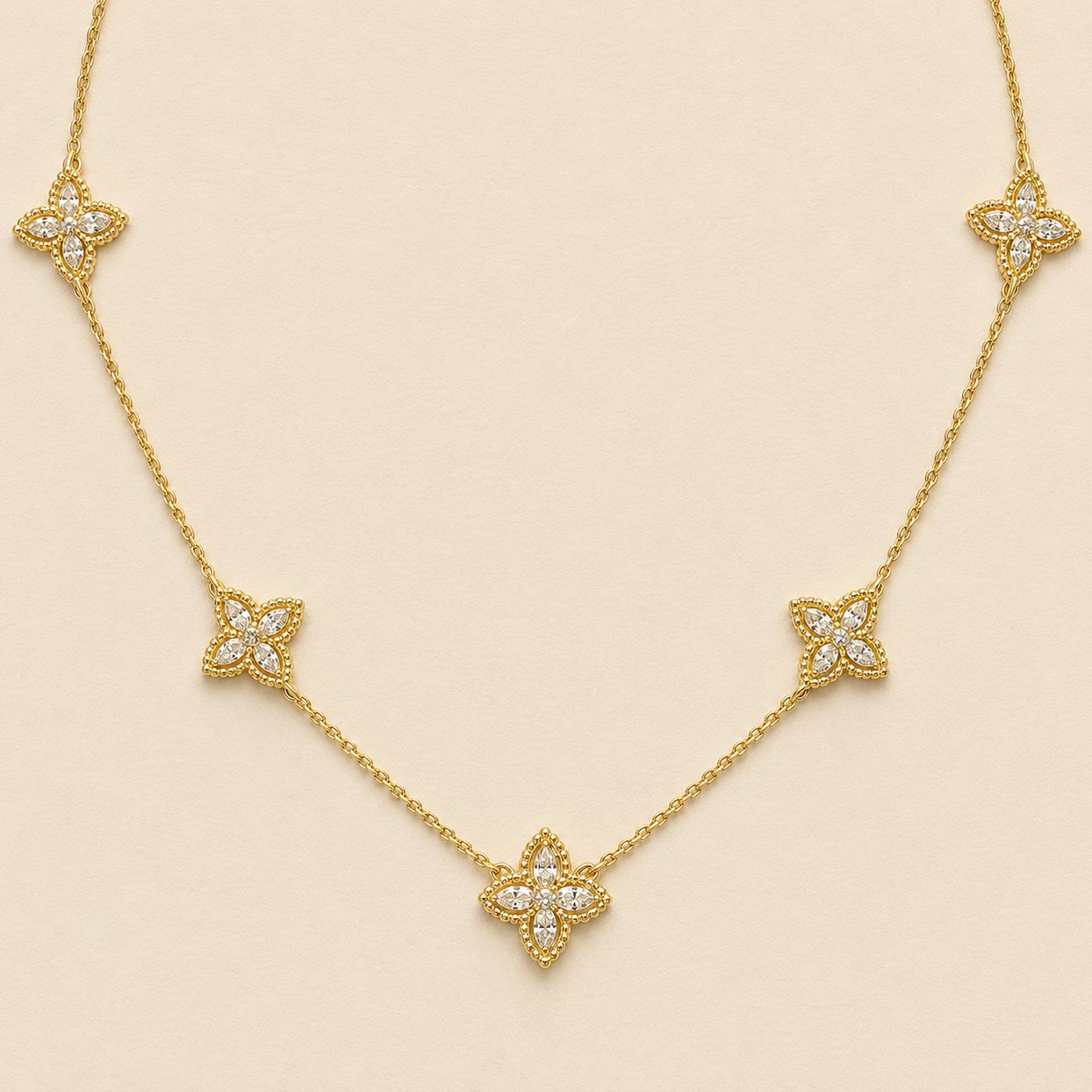Five Flower Motif Diamond Necklace