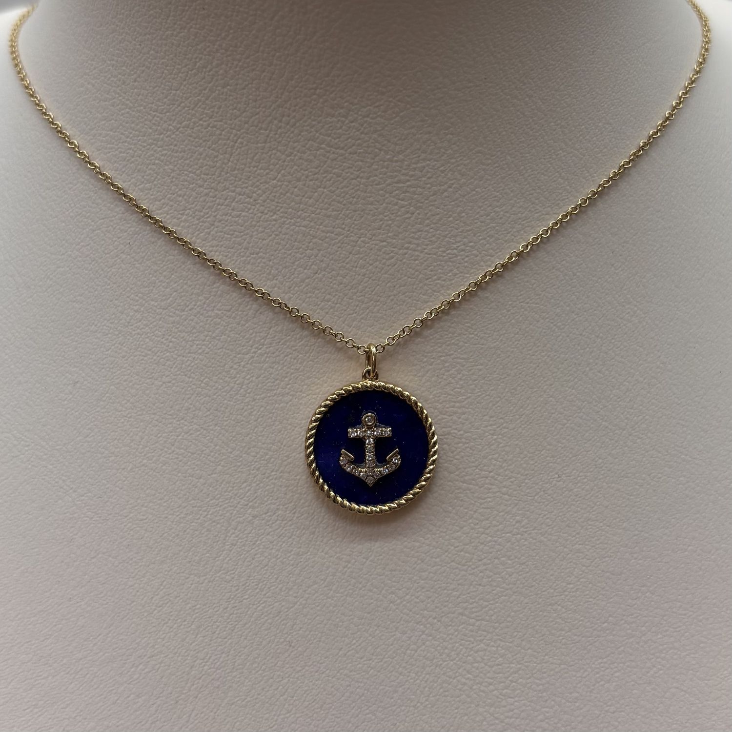 14KY Sapphire &amp; Diamond Anchor Pendant