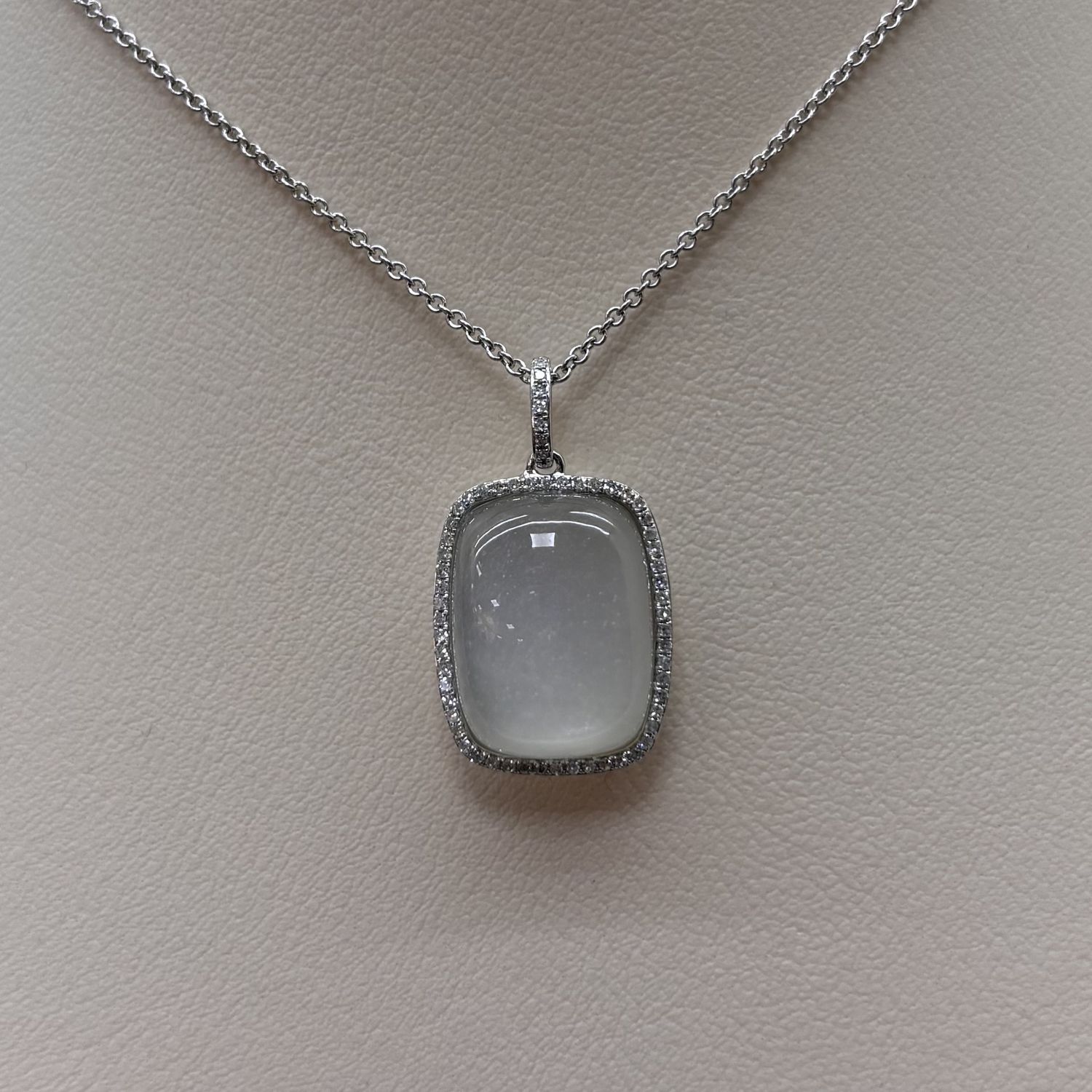 14KW White Opal/Diamond Cushion Cut Pendant