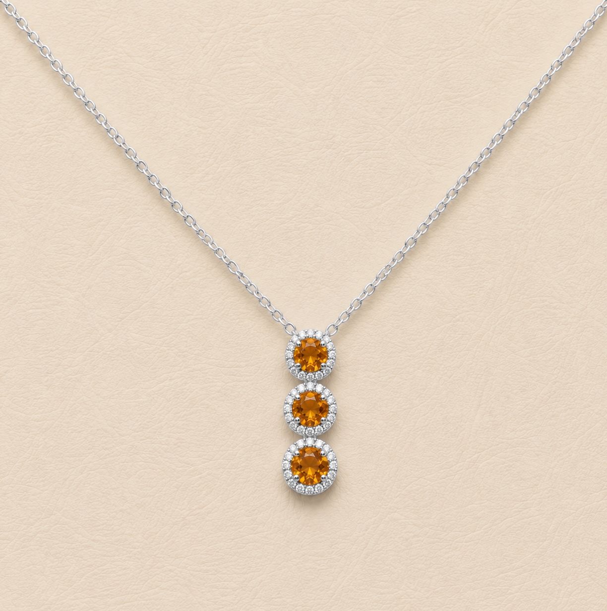 Stacked 3-Stone Citrine Diamond Halo Necklace