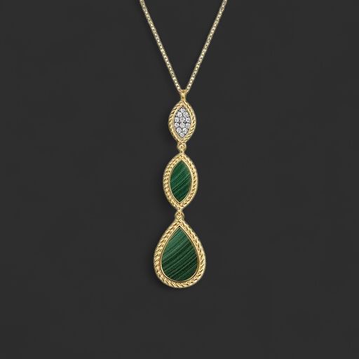 14K Yellow Gold Diamond and Malachite Drop Pendant Necklace