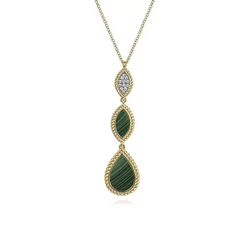 14K Yellow Gold Diamond and Malachite Drop Pendant Necklace