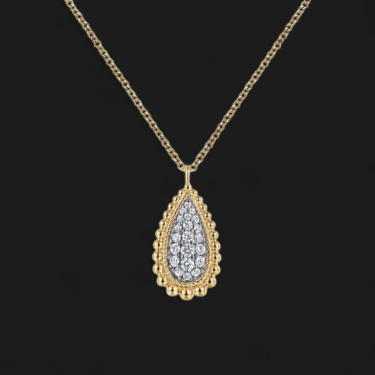 14K Yellow Gold Pave Diamond Teardrop Pendant Necklace-Bujukan