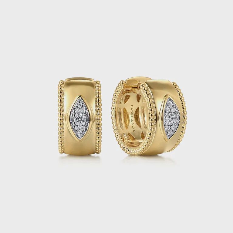 14K Yellow Gold Diamond Bujukan 15mm Huggie Earrings