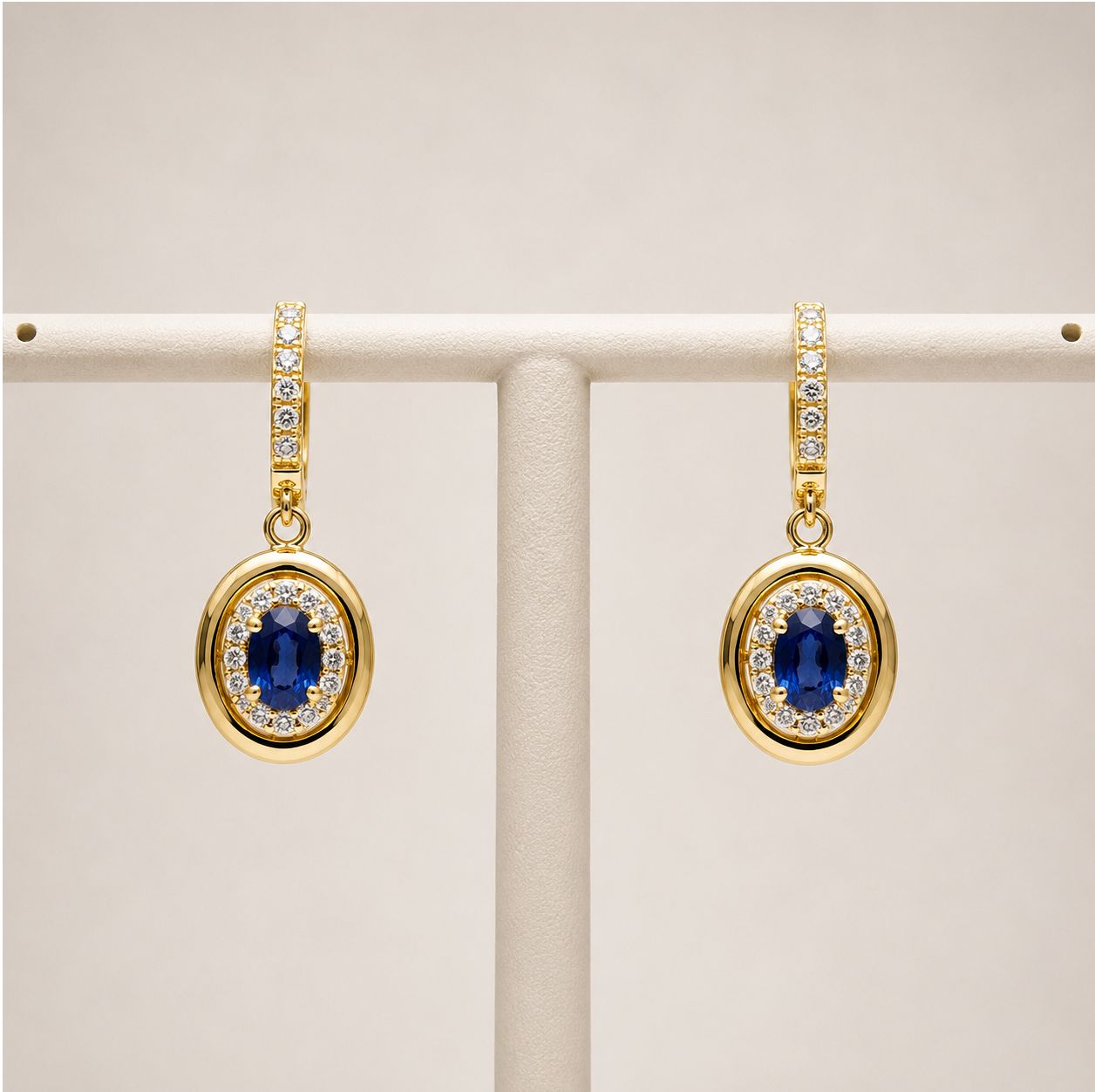 Gold Frame Sapphire Diamond Halo Dangle Earrings