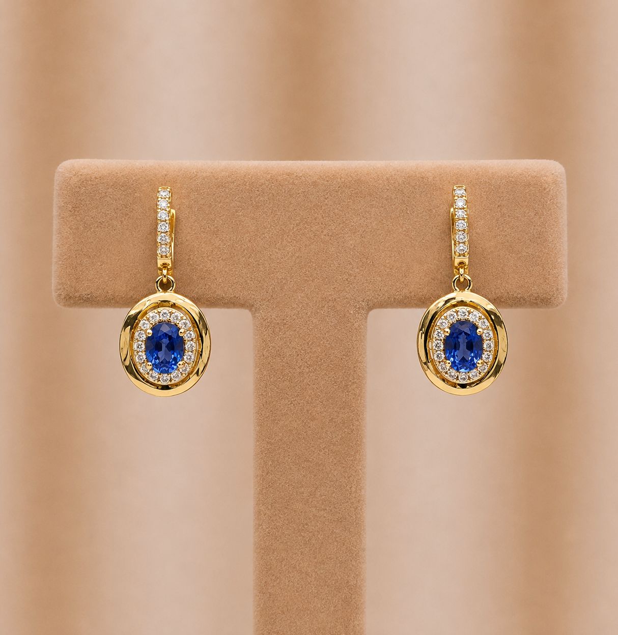 Gold Frame Sapphire Diamond Halo Dangle Earrings
