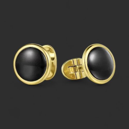 14K Yellow Gold Round Cufflinks with Black Onyx Stones