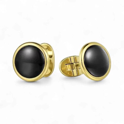 14K Yellow Gold Round Cufflinks with Black Onyx Stones