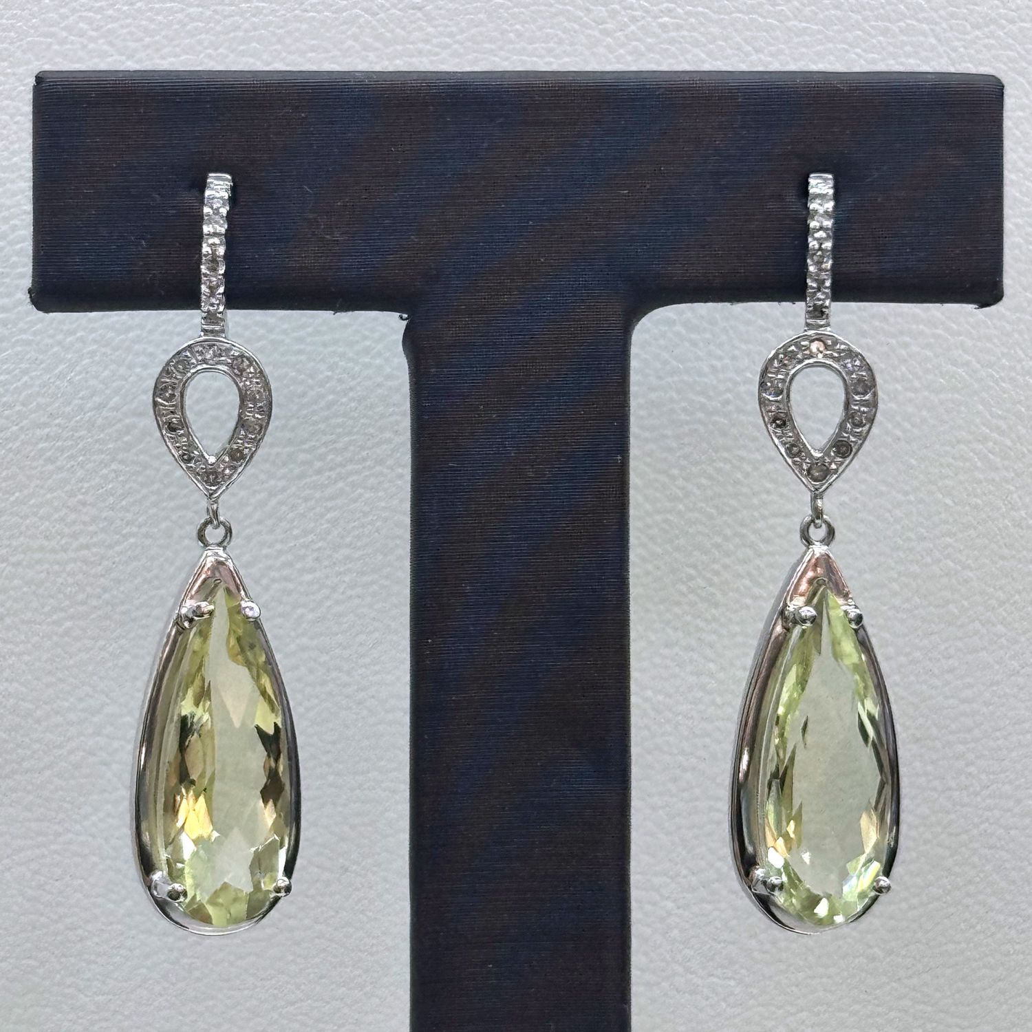14KW Green Amethyst &amp; Diamond Dangly Earrings