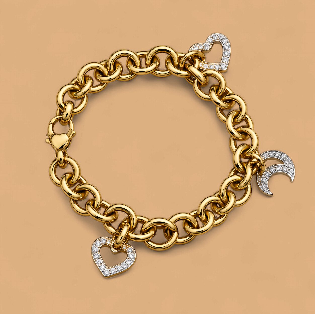 Yellow Gold Hearts &amp; Moon Charm Bracelet (6.8g)