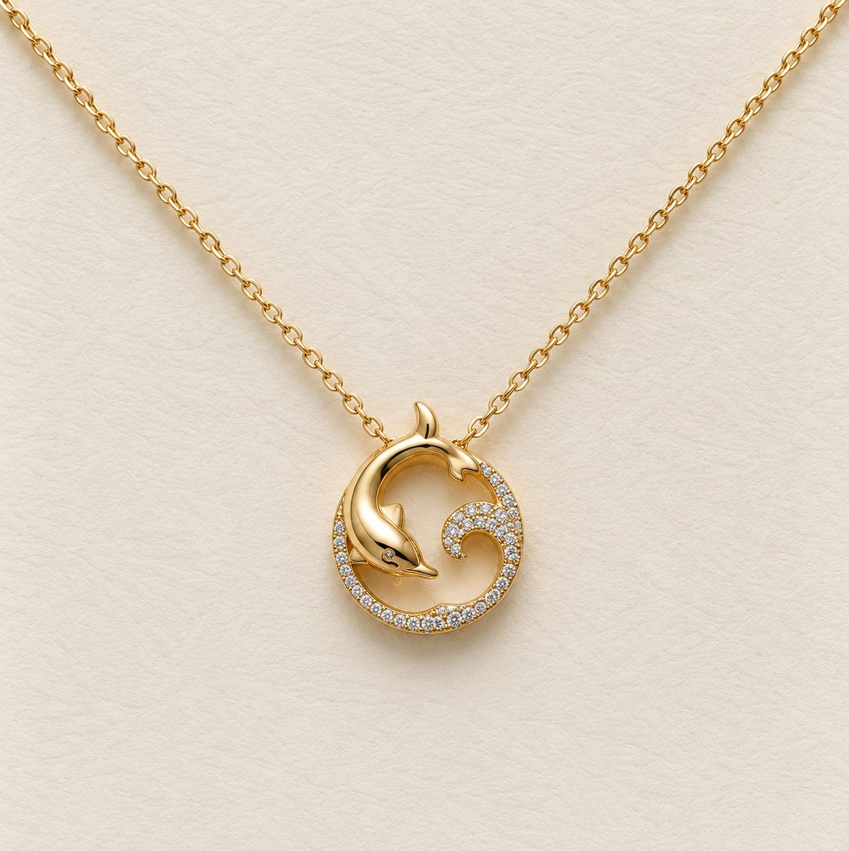 Gold  Dolphin &amp; Wave Diamond Pendant