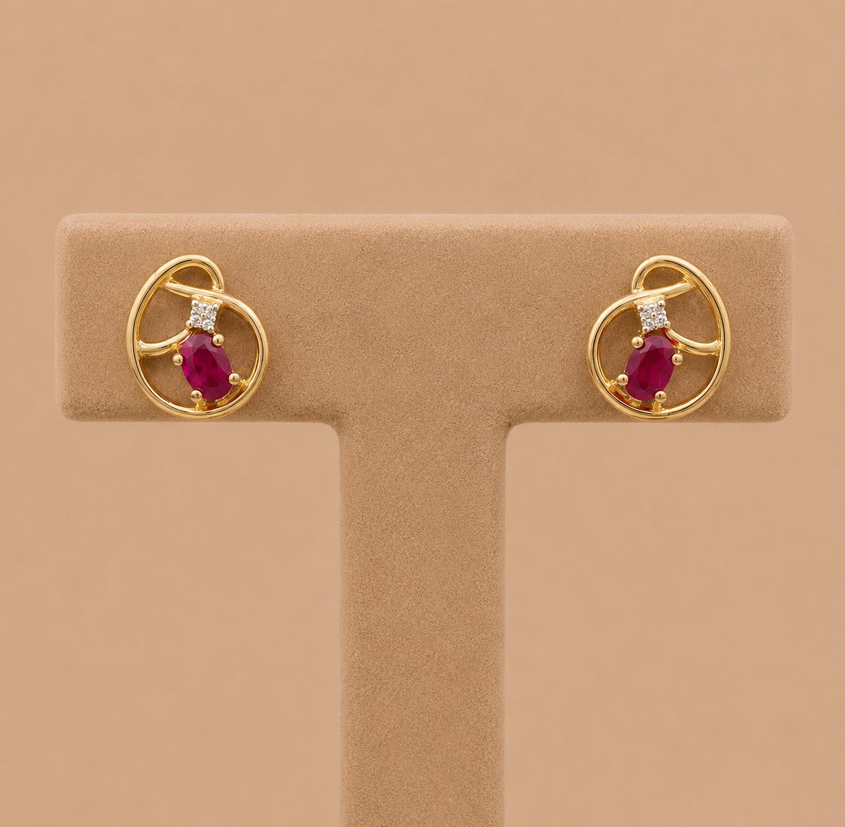 Gold Ruby Oval Diamond Earrings