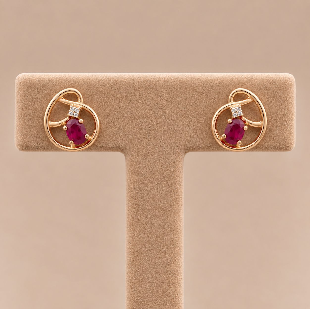 Gold Ruby Oval Diamond Earrings