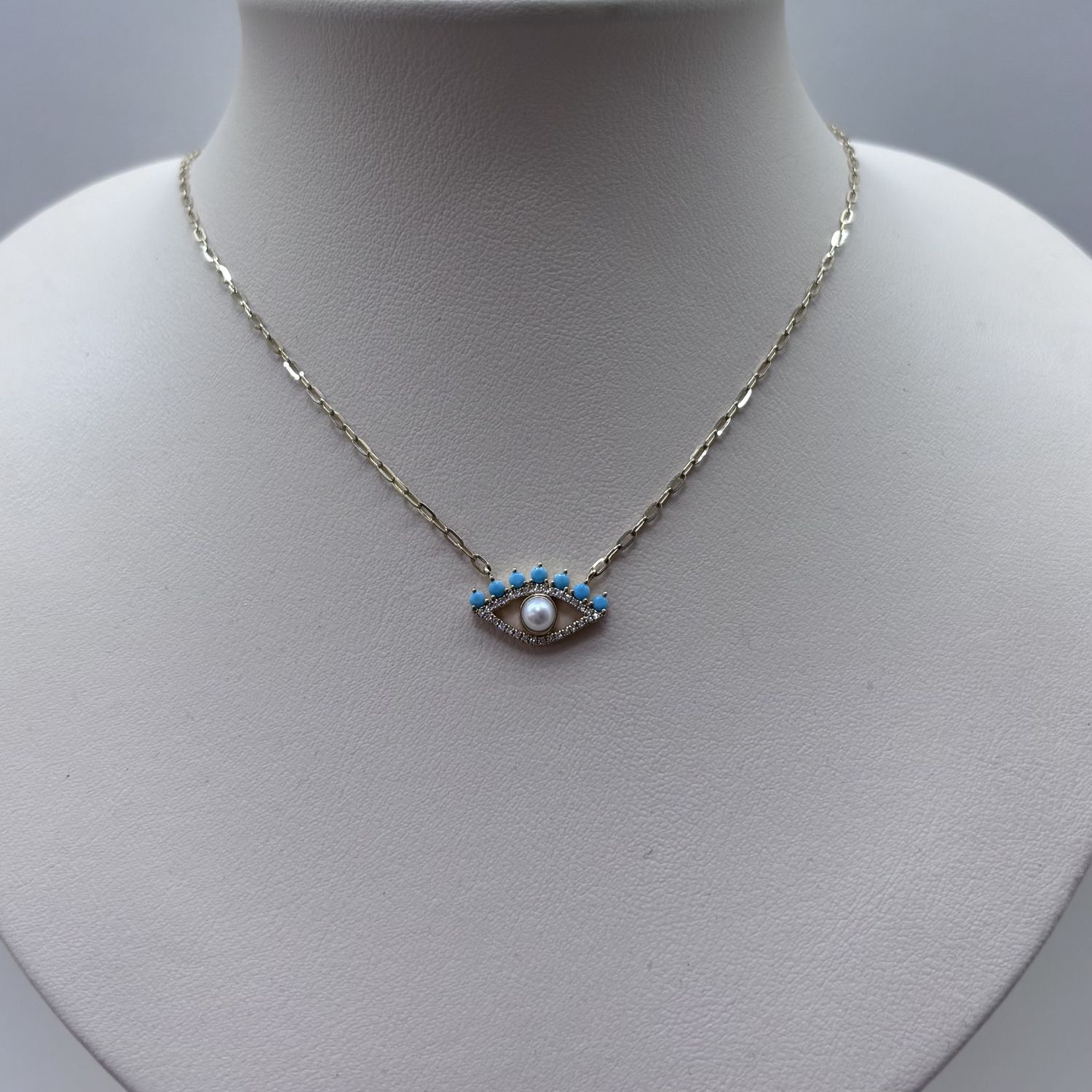 14KY Evil Eye w/ Diamonds &amp; Light Blue Enamel &amp; Pearl Necklace Bassali