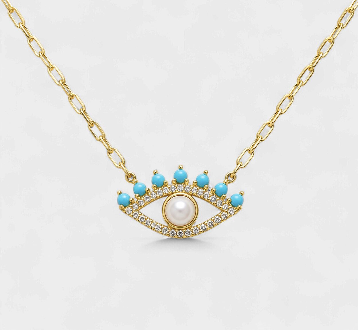 Evil Eye Light Blue Diamond Pearl Necklace