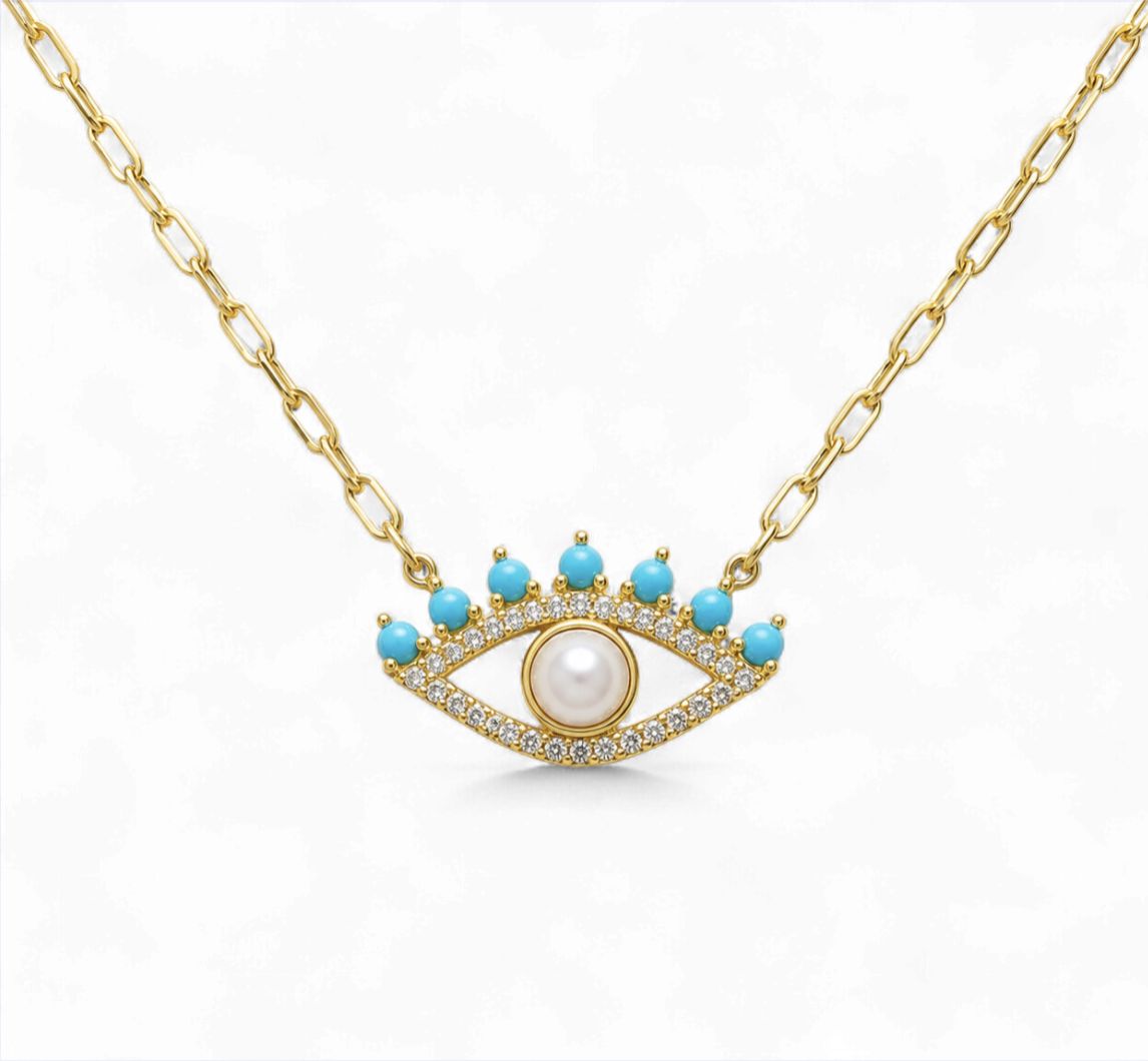Light Blue Evil Eye Diamond Pearl Necklace