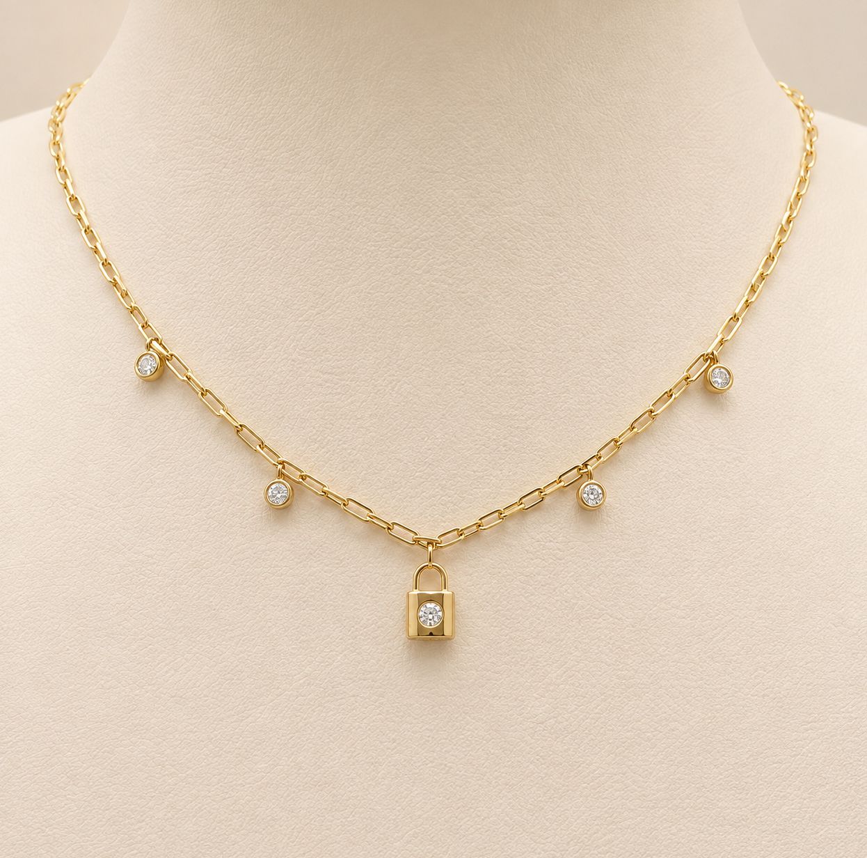 Diamond Padlock &amp; Paperclip  Style Gold Chain Necklace