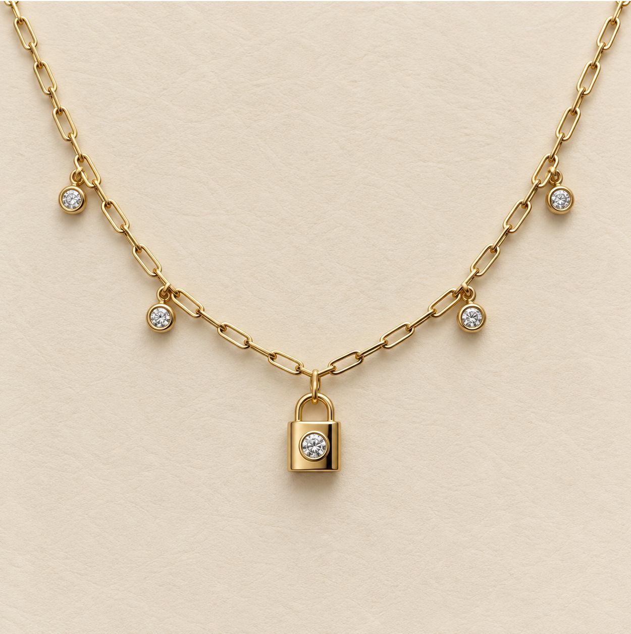 Diamond Padlock &amp; Paperclip  Style Gold Chain Necklace