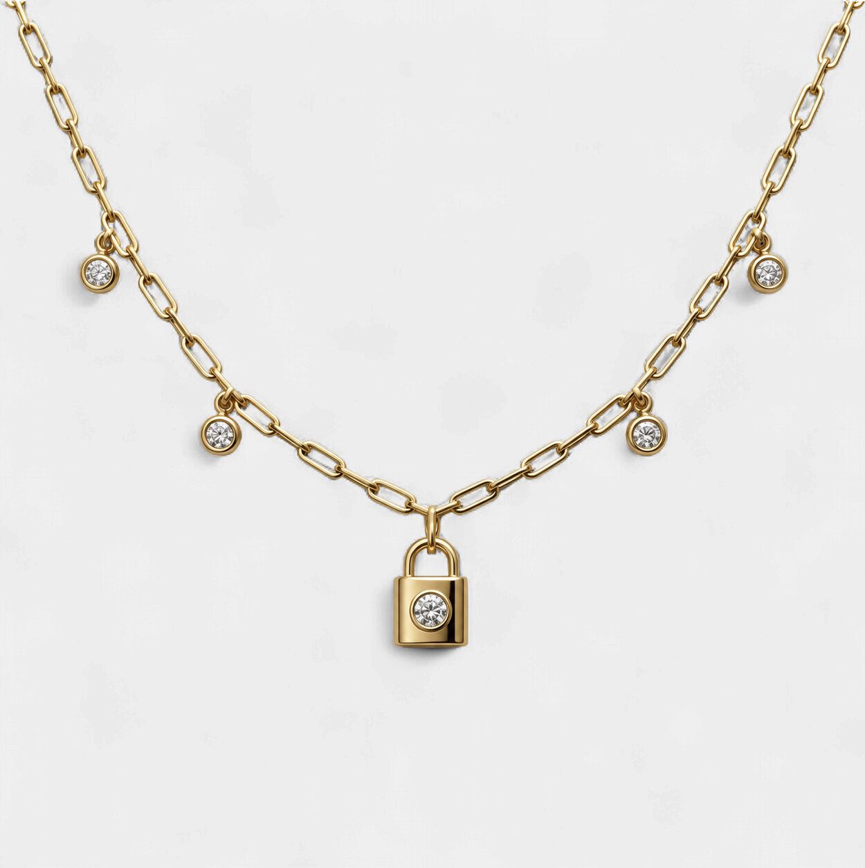 Padlock Paperclip  Style Diamond Dangle Necklace