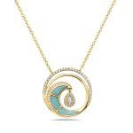 Yellow Gold Circle Wave Pendant with Blue Enamel and Diamond Bassali