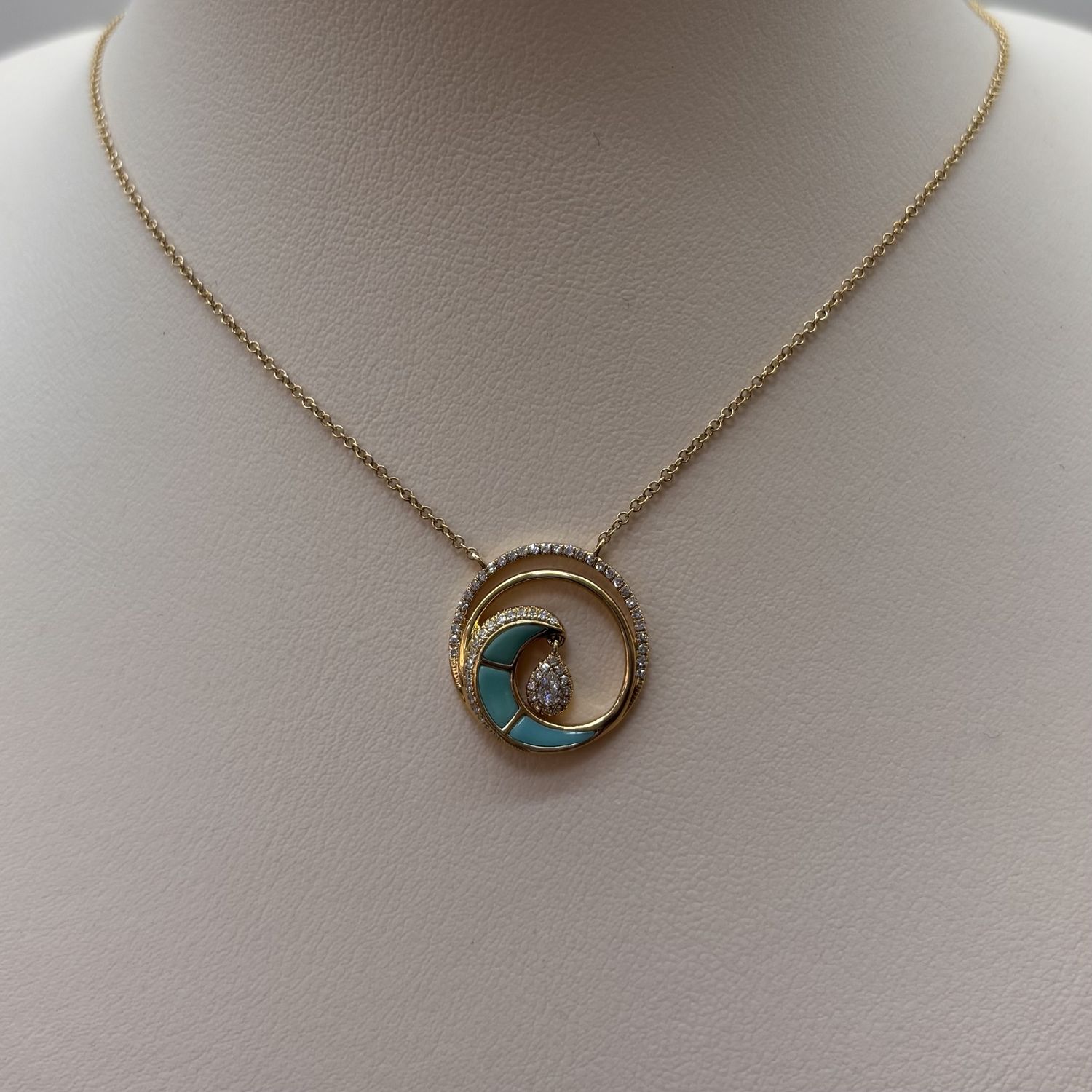 14KY Circle Wave Diamond Pendant w/ Blue Enamel