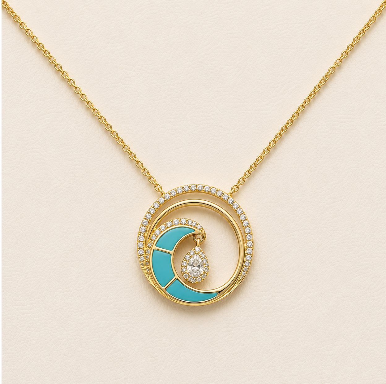 Gold Turquoise Circle Wave Diamond Pendant