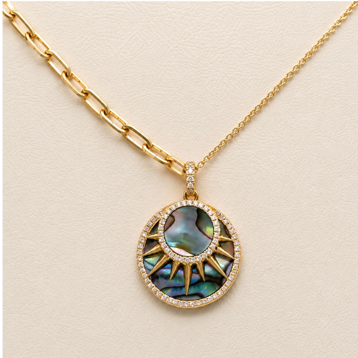 Gold Abalone &amp; Diamond Sun and Moon Medallion Pendant