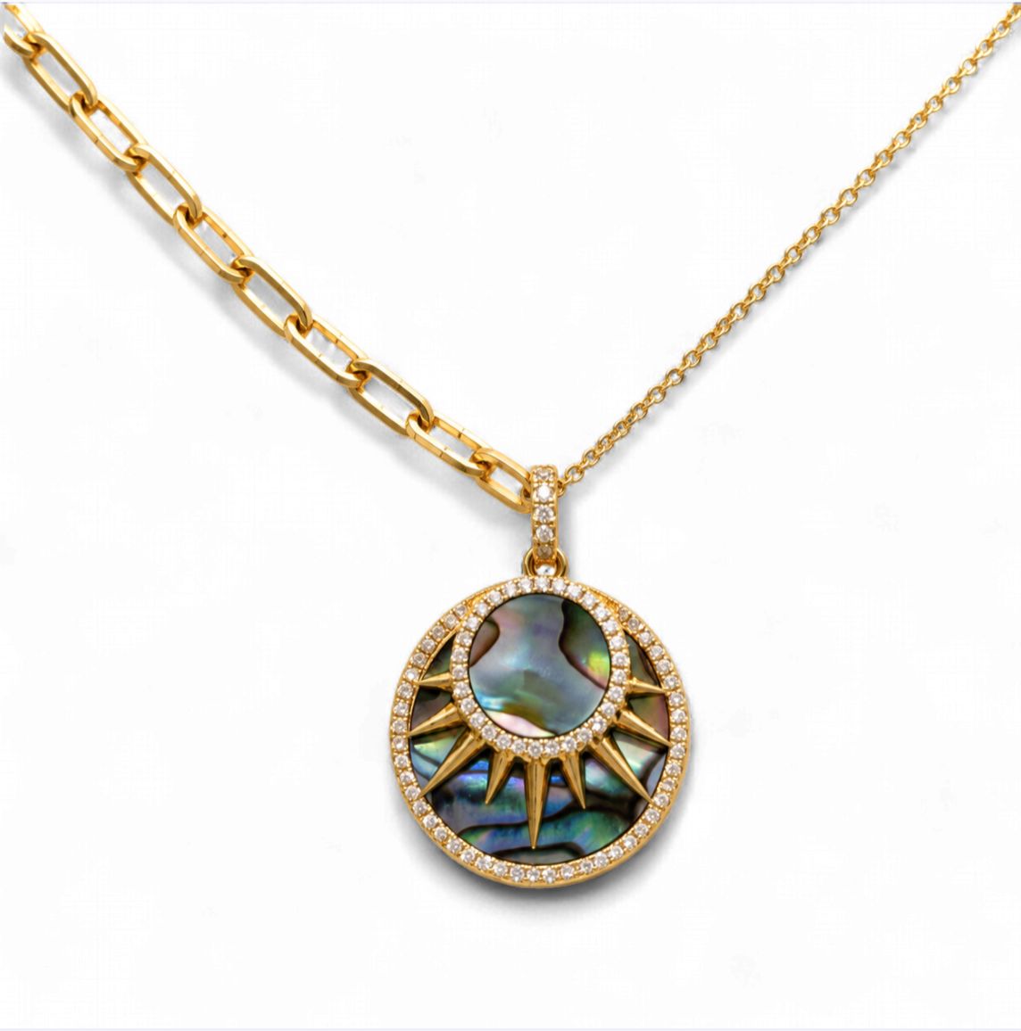 Abalone Sun and Moon Medallion Diamond Pendant