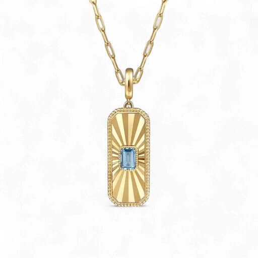 14K Yellow Gold Blue Topaz Bujukan Diamond Cut Medallion Pendant With Detachable Bail
