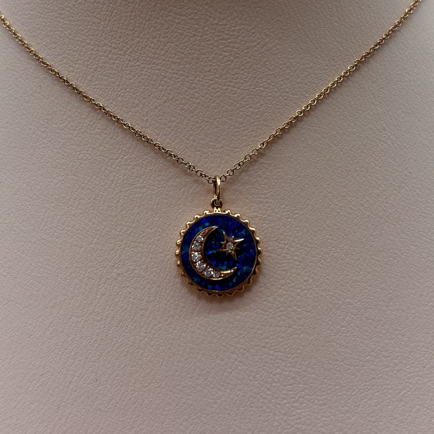 14KY Diamond &amp; Opal Moon and Star Pendant