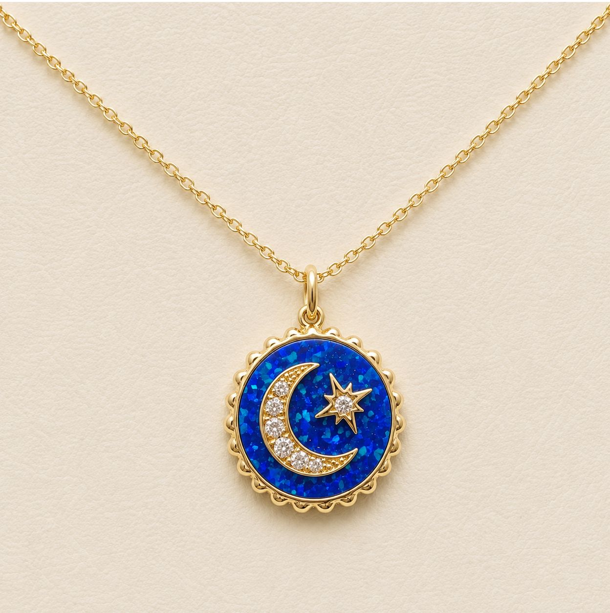 Gold &amp; Diamond Opal Moon and Star Pendant