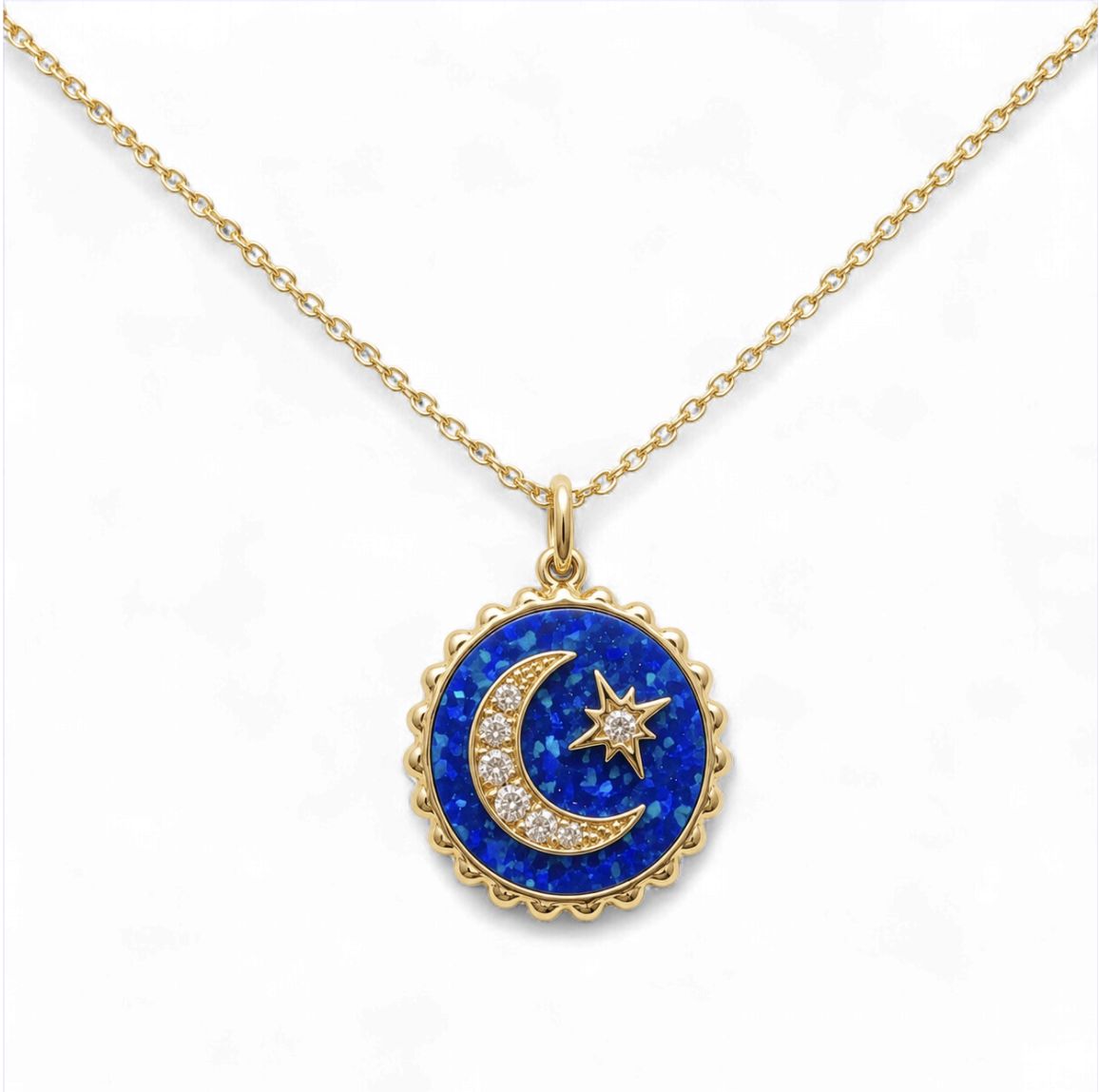 Opal Moon and Star Diamond Pendant
