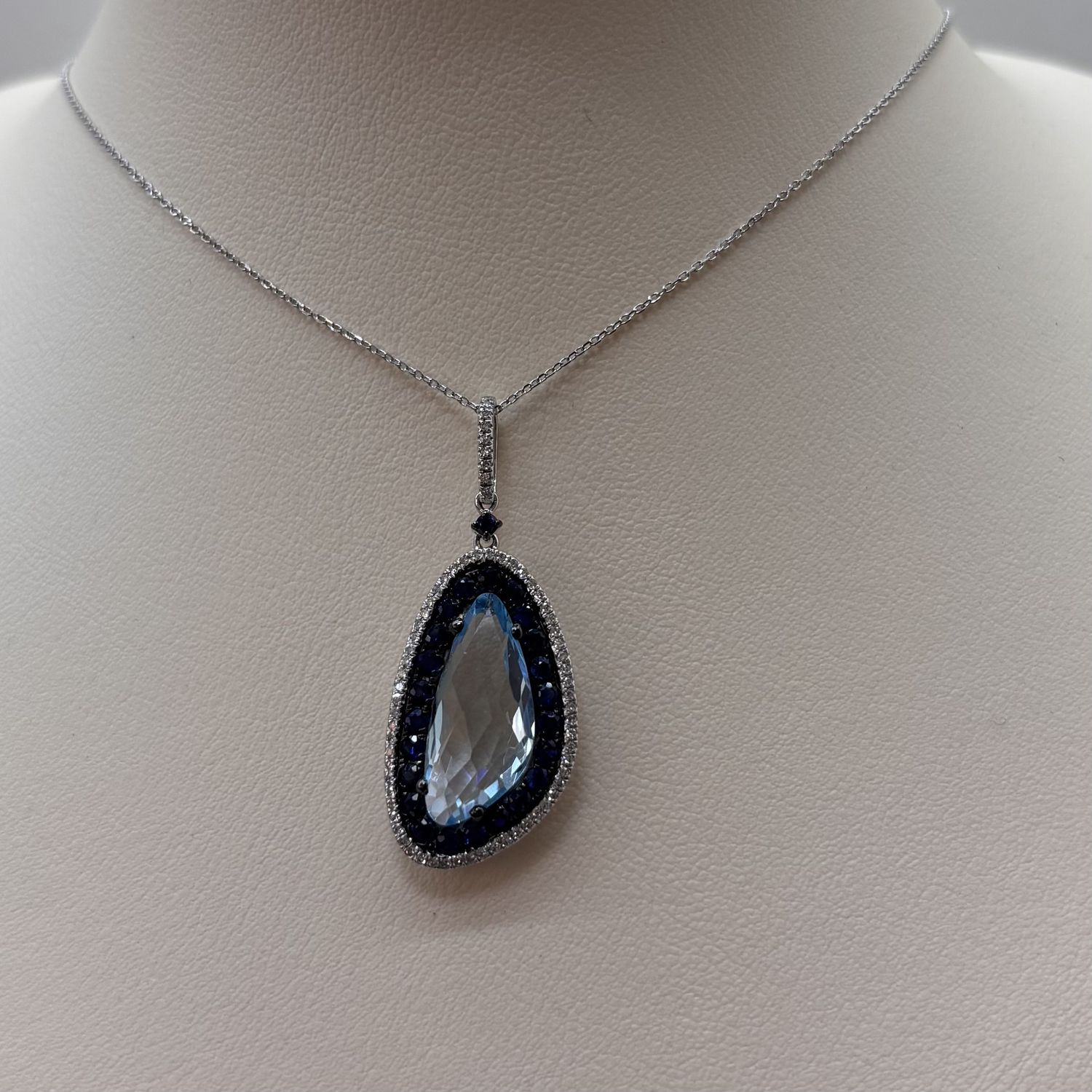 14KW Blue Topaz Tear Drop Diamond Necklace