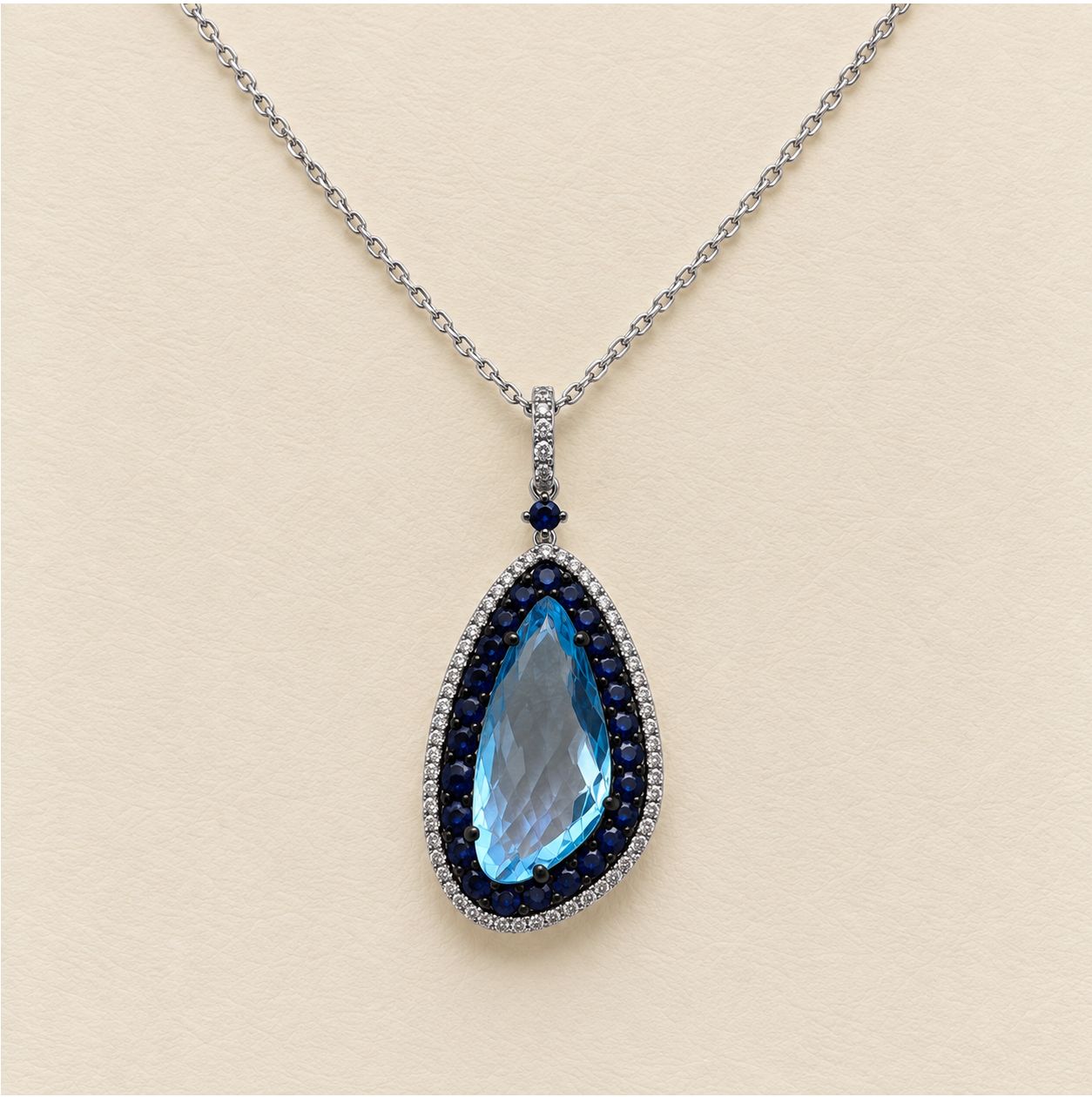 Blue Topaz  Freeform Pear Necklace w/ Sapphire &amp; Diamond Accent Stones